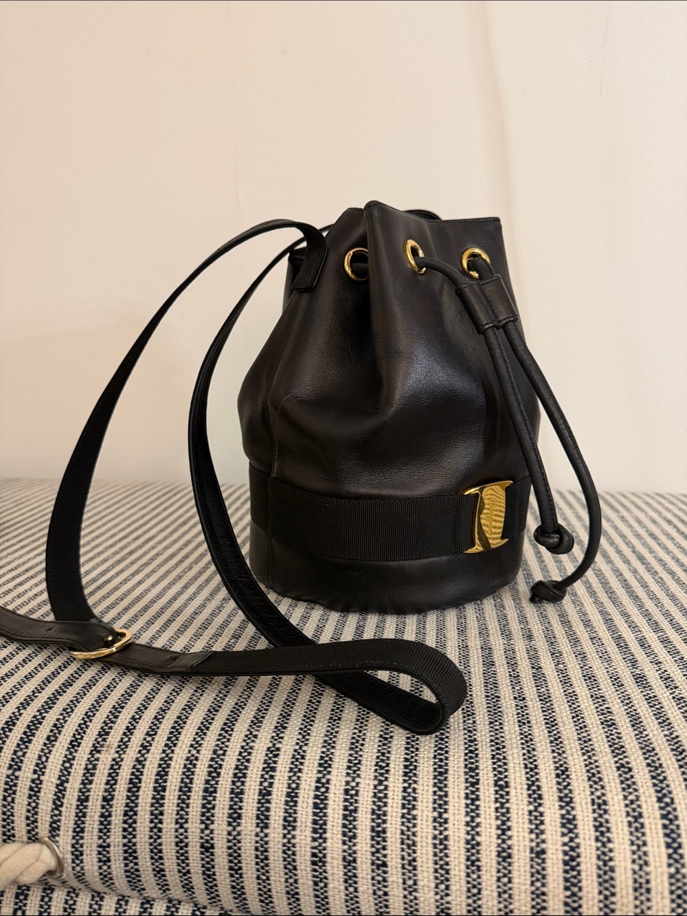 Ferragamo Black Leather Bucket Bag with Gold Hardware- Vintage New w/ dustbag